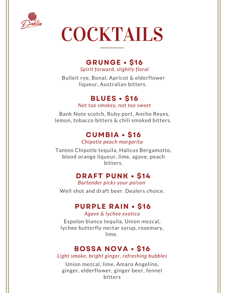A menu of cocktails and drinks for the restaurant.