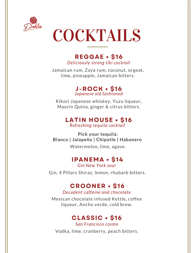 A menu of cocktails and other drinks.