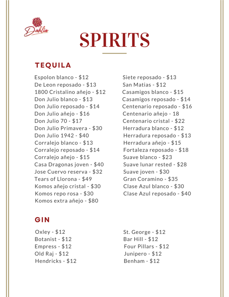 A menu of some type of alcohol