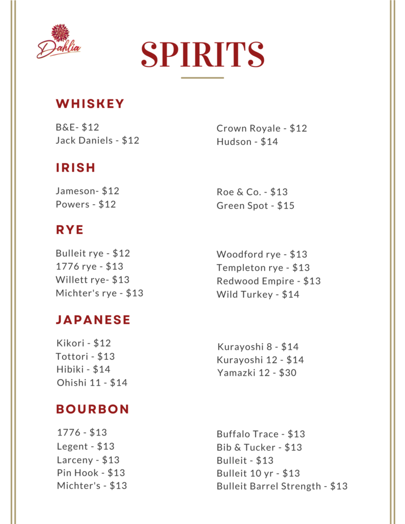 A menu of some types of drinks and prices.