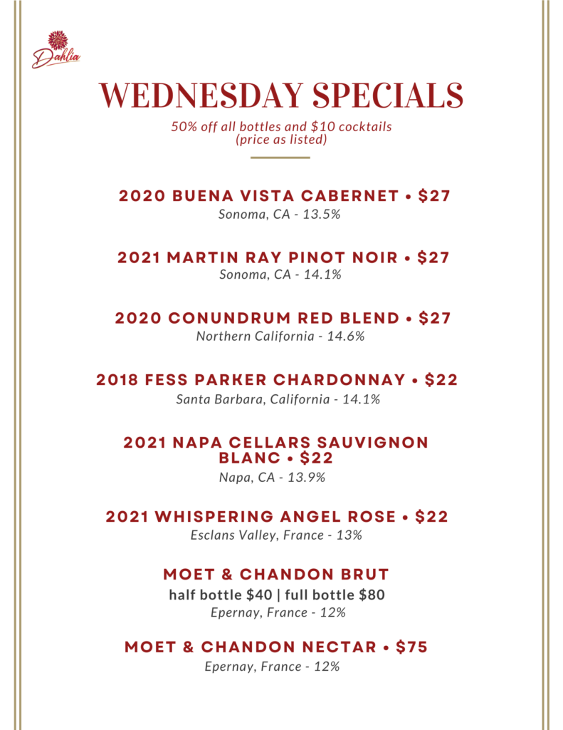 A menu of wine and food specials for the week.