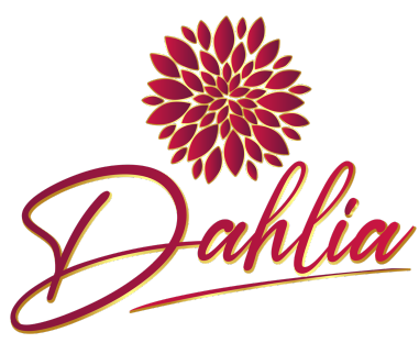 A red and yellow flower with the word dahlia written in gold.