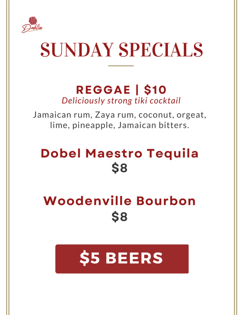 A menu of some drinks and prices for sunday specials.